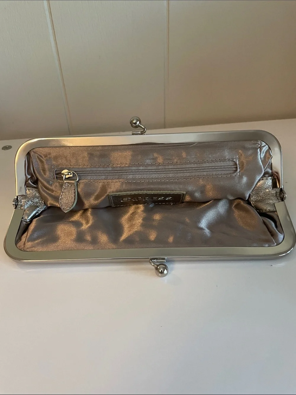 Express Metallic Leather Silver Frame Clutch